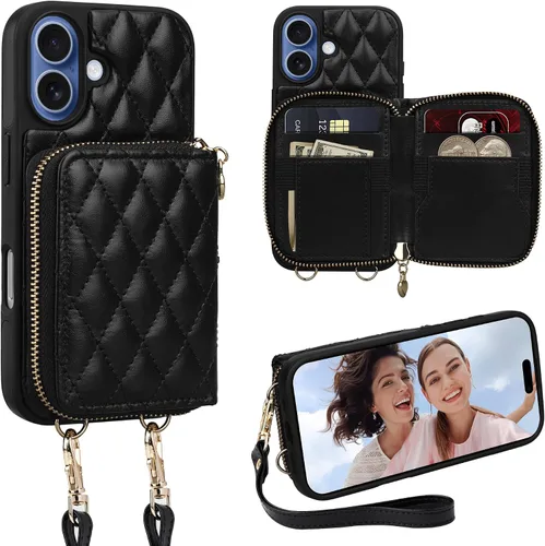 Miniatura 55 de Funda tipo cartera para iPhone 15 de 6.1 pulgadas, bolso cruzado con cremallera y correa para la muñeca con cordón para mujer, tarjetero con bloqueo
