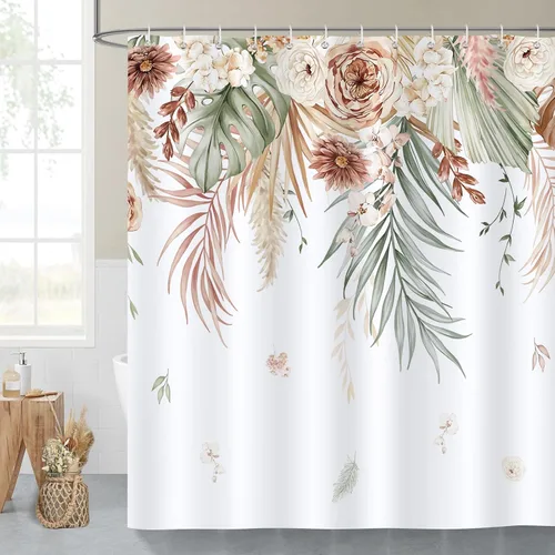 Miniatura 2 de Bonhause Cortina de ducha de hojas florales tostadas, cortina de baño bohemia con hojas de palmera tropicales, cortina de baño de 72 x 72 pulgadas