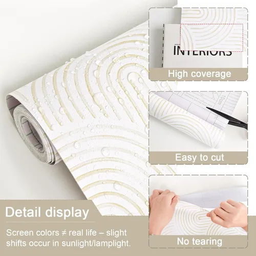 Miniatura 4 de Papel tapiz neutro para despegar y pegar, papel de contacto bohemio, geométrico, autoadhesivo, extraíble, para dormitorio, baño, cubículo, beige