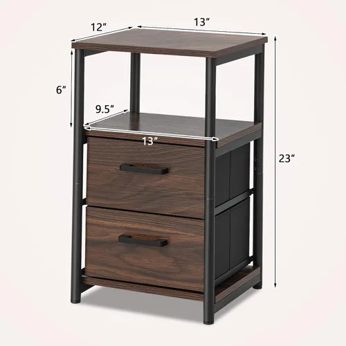 Miniatura 8 de Giantex Mesita de noche, mesita de noche con 2 cajones de tela y estante de madera abierto, mesa auxiliar con cubos de tela, marco de metal