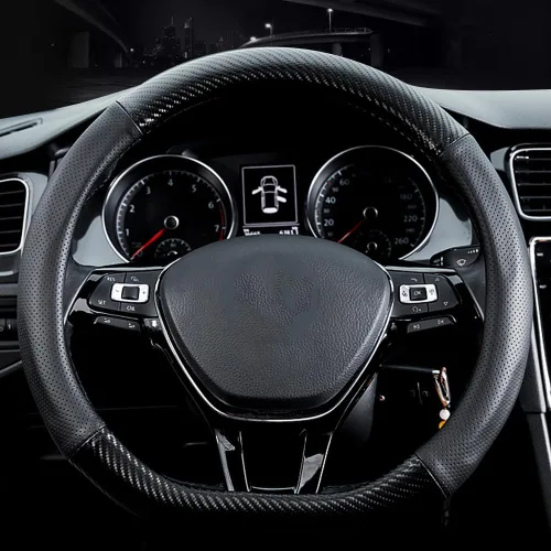 Miniatura 2 de Funda para volante de piel y fibra de carbono en forma de D, elegante funda antideslizante de cuero interior de automóvil de 15 pulgadas, universal