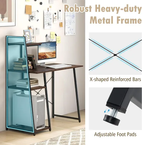 Miniatura 4 de COSTWAY Escritorio para computadora con estantes de almacenamiento de 4 niveles, mesa de escritorio de oficina en casa con marco resistente