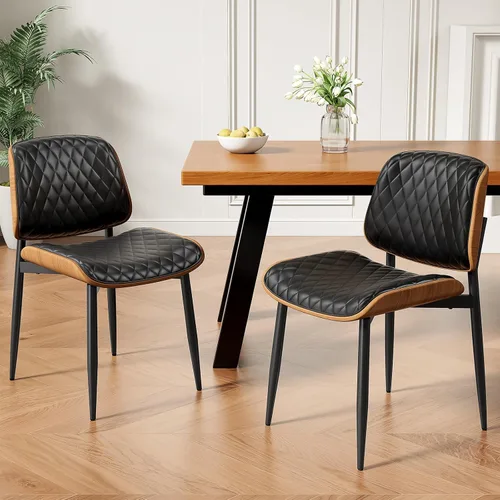 REONEY Juego de 2 sillas de comedor, modernas sillas tapizadas de piel sintética de mediados de siglo con respaldo de nogal y patas de metal, pies