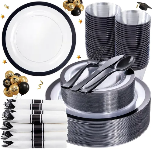 Liacere 350 piezas – Platos transparentes con borde negro para 50 invitados, incluye 100 platos transparentes desechables, 150 cubiertos negros, 50