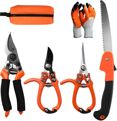 Juego de 6 tijeras de podar con tijeras de podar, tijeras de jardín, tijeras de podar, sierra, guantes, bolsa de almacenamiento, juego de tijeras de