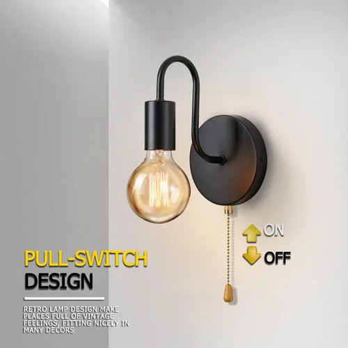 Miniatura 2 de Aplique de Pared Negro con Cadena de Tirar con Interruptor Luces de Pared Vintage E26 Lámpara de Pared Industrial Iluminación de Pared Retro