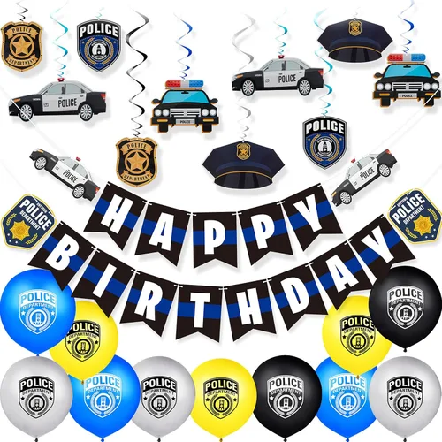 Sumind 32 piezas de decoraciones de fiesta de cumpleaños de policía, kit de remolinos de decoración de fiesta de policía con 2 carteles de feliz