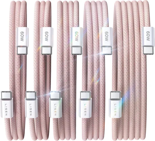 Miniatura 11 de LISEN Cable USB C a USB C, paquete de 5 [3.3/3.3/6.6/6.6/10 pies] para iPhone 17, cable C a C de carga rápida para iPad, iPhone 16 15 Pro Max, Negro