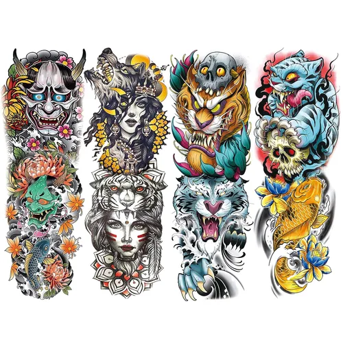 Miniatura 6 de 4 hojas de tatuajes temporales de brazo completo para adultos, color rosa pistola de tatuajes, impermeables, arte corporal de larga duración