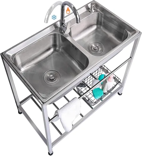 Fregadero de acero inoxidable para exteriores, fregadero de doble tazón, fregadero de cocina comercial de pie con grifo caliente y frío para