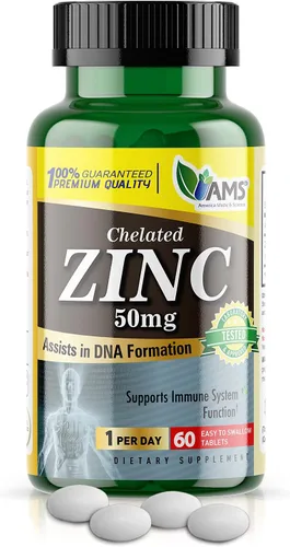America Medic & Science Suplementos de zinc quelatado de 50 mg (1 paquete de 60 tabletas) refuerzo inmunológico y potentes píldoras antioxidantes
