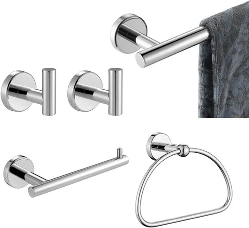 JQK BAS165-CH - Juego de accesorios de baño cromados, 5 piezas, soporte de pared cromado pulido, incluye toallero de 24 pulgadas, anillo de toalla