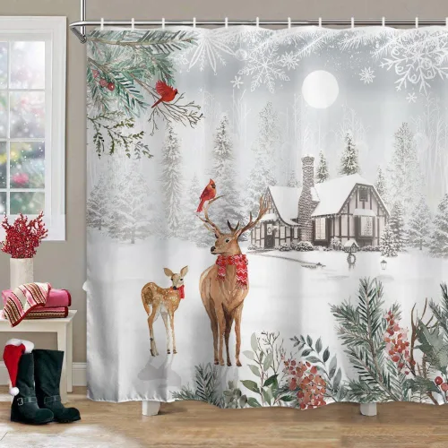 Miniatura 8 de Baccessor - Cortina de ducha de invierno de Navidad, diseño de árbol de pino, cardenal, ciervo, naturaleza, bosque, escena nevada blanca, decoración