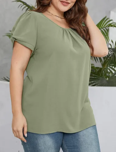 Miniatura 5 de Saloogoe Blusas de gasa para mujer, de manga corta, plisadas, cuello redondo, manga abombada