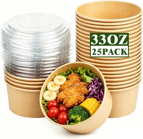 Miniatura 8 de Paquete de 25 envases de papel de 25 onzas, contenedores de alimentos desechables con tapas, cuencos desechables, cuencos de ensalada desechables