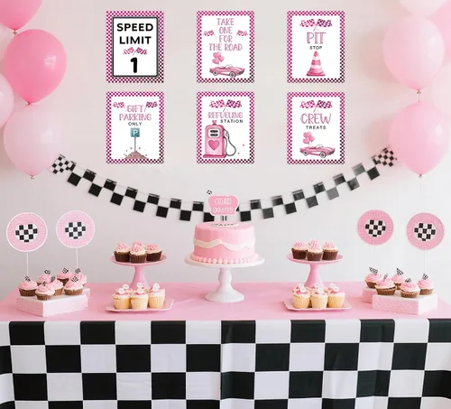 Miniatura 3 de Letreros de fiesta de primer cumpleaños de coche de carreras rosa, límite de velocidad, decoraciones de cumpleaños para niña, decoración rápida