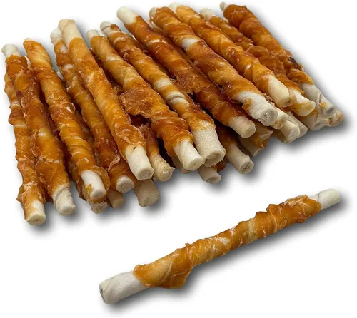 Top Dog Chews - Torsiones para perros de cuero crudo envueltos en pollo totalmente naturales (paquete de 100), palitos masticables naturales para