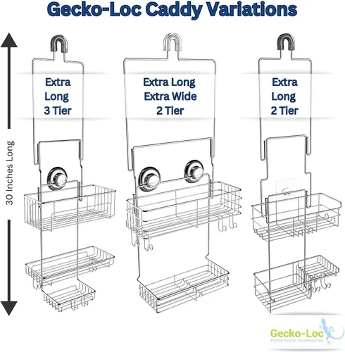 Miniatura 4 de Gecko-Loc Organizador de ducha extra largo ajustable sobre el cabezal de ducha - Organizador de acero inoxidable con estabilizador de succión, cesta