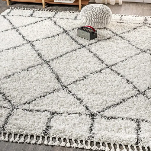 Miniatura 11 de JONATHAN Y Mercer Shag - Alfombra de felpa con borlas azul/crema, 8 x 10 pies, enrejado geométrico marroquí, fácil limpieza, para sala de estar
