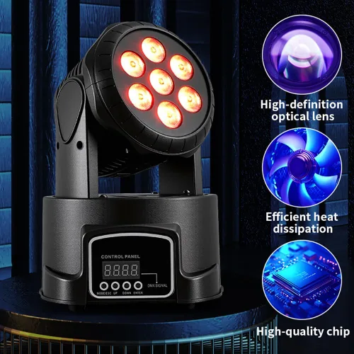 Miniatura 6 de MINGJIE Luces de DJ con cabeza móvil, 12 colores 7x10W LED foco de escenario de lavado con DMX y sonido activo, inclinación de 540° de inclinación