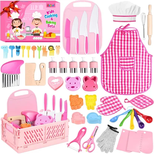 Juego de Cuchillos para Niños para Cocina Real: Juego de Cocina para Niños de 48 Piezas, Juegos de Cocina para Niños Reales con Delantal y Canasta,