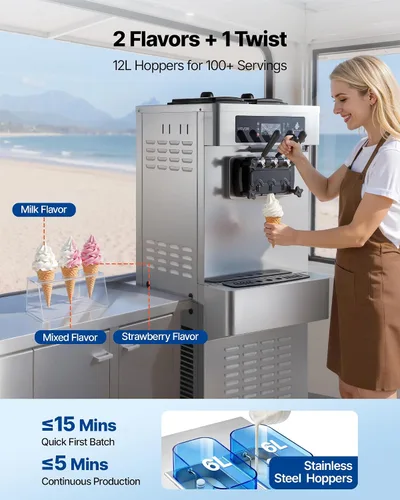Miniatura 5 de VEVOR Máquina de helados comercial, 20-28L/H de rendimiento 2200 W, máquina de helado suave independiente con 3 sabores, 2 tolvas de 6 L, bomba