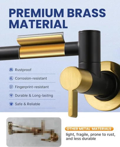 Miniatura 3 de Grifo de Llenado de Ollas Negro y Dorado, ARCORA Moderno Grifo de Llenado de Ollas de Montaje en Pared con 2 Manijas con Brazos Oscilantes de Doble