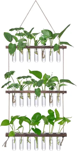 Miniatura 9 de XXXFLOWER Estación de propagación para colgar en la pared con soporte de madera, 5 tubos de ensayo de vidrio, 3 niveles, terrario de pared