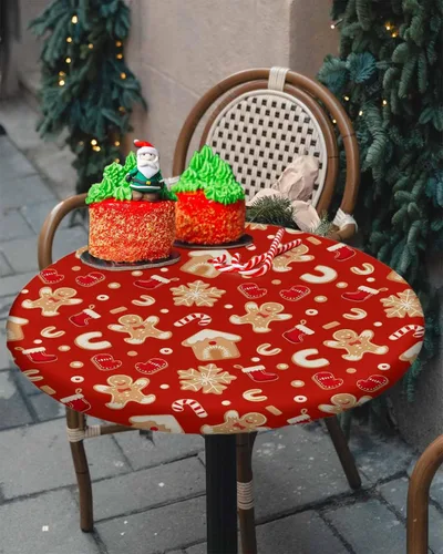 Miniatura 35 de Mantel ajustado redondo de Navidad con Poinsettia, mantel de lino retro de Navidad impermeable para mesa circular, mantel circular elástico de Rojo