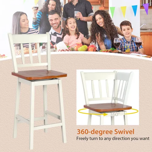 Miniatura 4 de COSTWAY Juego de 4 taburetes de bar de 24.5 pulgadas, sillas de bar de madera de goma con giro de 360°, reposapiés, taburetes de bar giratorios