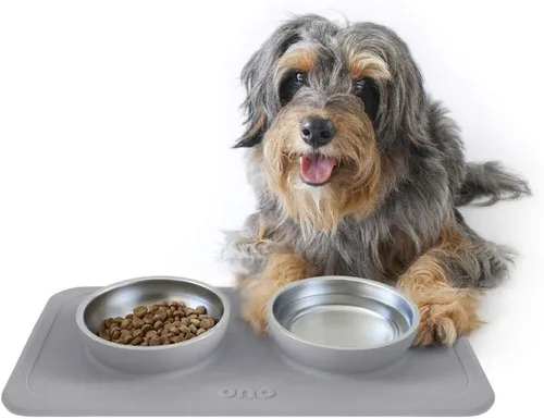 Miniatura 9 de Ono Good Bowl - Comedero doble para alimentos y agua, tapete de silicona antideslizante para mascotas pequeñas a medianas y cuencos de acero azul
