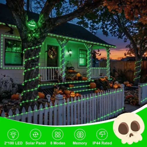 Miniatura 2 de QITONG Paquete de 2 luces solares verdes, cada cadena de 100 luces LED de 33 pies para exteriores, 8 modos de luces de hadas en tubo de PVC