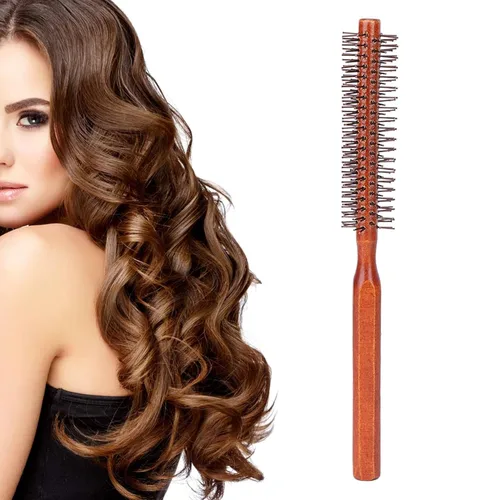 Miniatura 7 de Cepillo de pelo redondo para secado con nailon suave, cepillo de pelo redondo rizado en caliente con mango de madera, unisex para secado con soplado