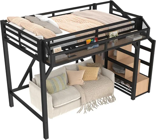 Miniatura 4 de SOFTSEA Cama alta individual XL con escaleras y almacenamiento, marco de cama de metal con puertos USB y luces LED, cama alta resistente con armario
