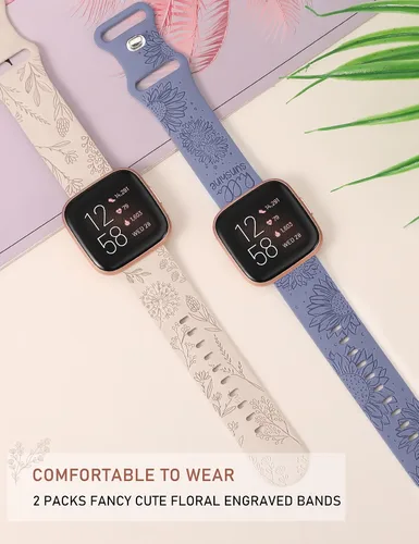 Miniatura 3 de Minyee Paquete de 2 correas con grabado floral compatibles con Fitbit Versa 2/Fitbit Versa/Versa Lite para mujeres, linda correa deportiva