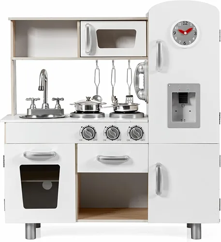 KOTEK Juego de cocina para niños, juego de cocina de madera para niños pequeños con dispensador de agua con luces sonidos, estufa, horno, nevera,