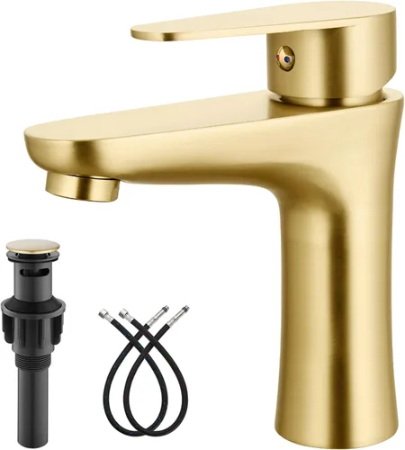 Heyalan Grifo de lavabo de baño dorado cepillado, grifo de tocador de un solo orificio con drenaje desplegable, mangueras de agua fría y caliente,