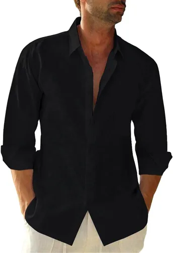 Miniatura 16 de JEKAOYI - Camisas de lino con botones para hombre, de manga larga, ajuste regular, de algodón, camisas de playa con bolsillo
