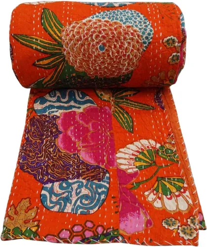 Miniatura 51 de Sophia-Art Colcha reversible de frutas indias para cama individual/king con patrón Gudri de algodón puro estilo Kantha, colcha decorativa con Rosa