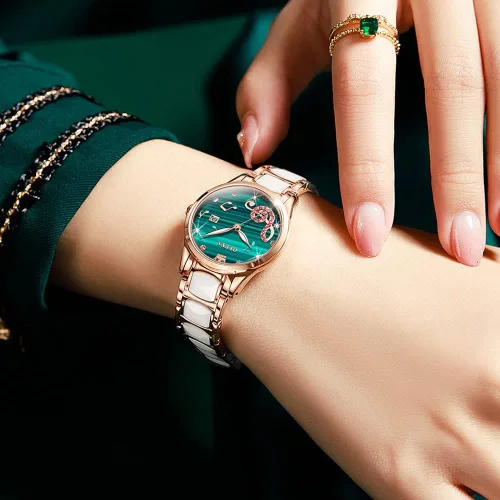 Miniatura 2 de OLEVS Relojes para mujer, oro rosa, de dos tonos, de moda, de cerámica, blanco, esfera rosa, roja, acero inoxidable, fecha impermeable