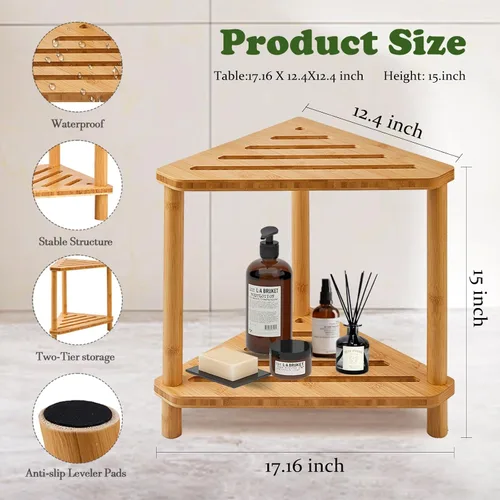 Miniatura 3 de Taburete de ducha de bambú de esquina, taburete de ducha impermeable de 2 niveles para dentro de la ducha, para afeitar las piernas, espacios