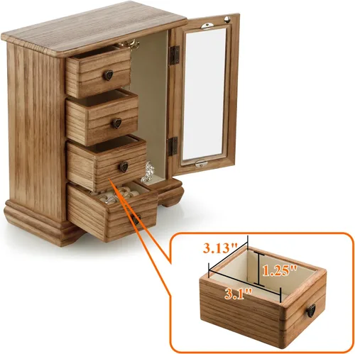 Miniatura 4 de RR ROUND RICH DESIGN Joyero de madera maciza para maquillaje y organizador de anillos para mujer, con 4 cajones integrados, carrusel de collar