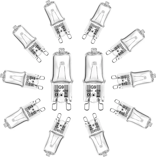 Miniatura 8 de Bombilla G9, paquete de 12 bombillas halógenas transparentes de 2 pines tipo JC, 120 V T4 Bi-Pin 25 W xenón bombilla pequeña regulable 2700 K blanco