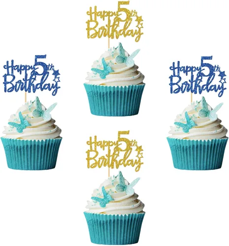Decoración para cupcakes de cumpleaños de 5 años, suministros para cupcakes de cumpleaños de 5 años, decoraciones para fiestas de cumpleaños de 5