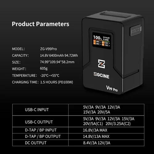 Miniatura 9 de ZGCINE - Batería de montaje en V V99 Pro con cargador USB-C PD100W, 1.5H completamente cargada, 6400mAh 94.72Wh 14.8V con D Tap/Dual USB