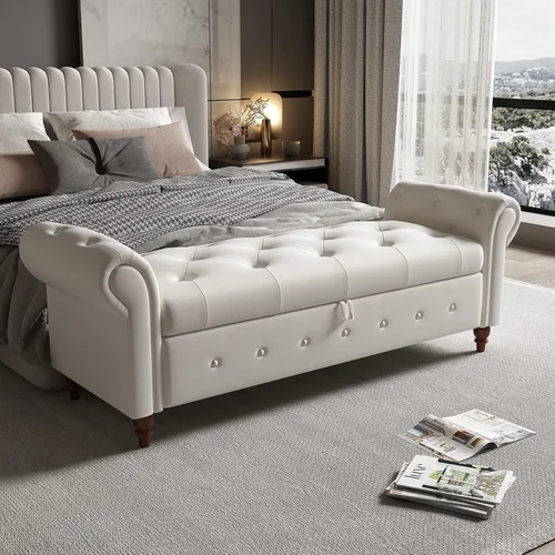LUCKHAO Banco de almacenamiento copetudo de 63 pulgadas para el extremo de la cama, banco otomano de almacenamiento tapizado para dormitorio, con