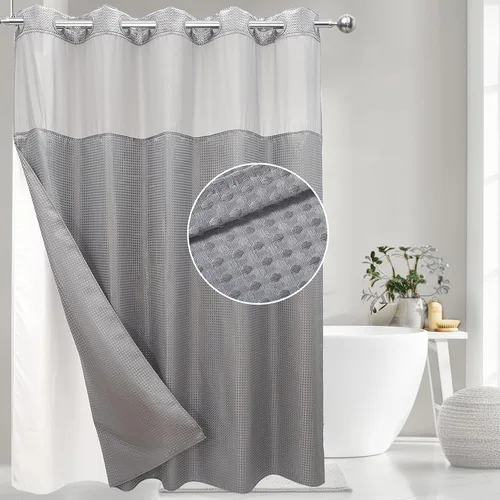 VIUOON Cortina de ducha sin gancho de tejido de sarga con juego de forro de tela a presión, estilo hotelero con ventana superior transparente, tela
