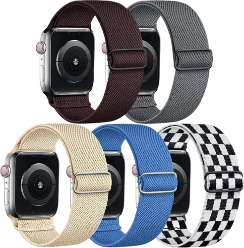 Miniatura 20 de 5 Pack de bandas elásticas de nylon compatibles con Apple Watch de 40 mm, 41 mm, 42 mm, 44 mm, 45 mm, 46 mm, 49 mm, 38 mm para mujeres y hombres