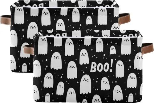 Miniatura 2 de Cesta de almacenamiento de fantasmas blanco y negro para estantes, elegante organizador de lona con asas de cuero, forro impermeable y marco rígido