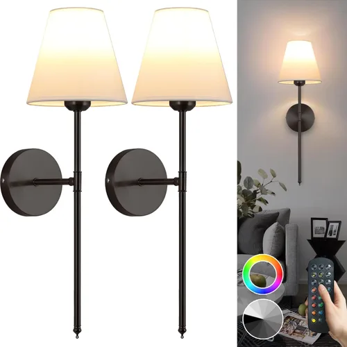Miniatura 10 de Juego de 2 apliques de pared con pilas, 15 colores inalámbricos con control remoto regulable que dura de 18 a 50 horas, lámpara de pared recargable